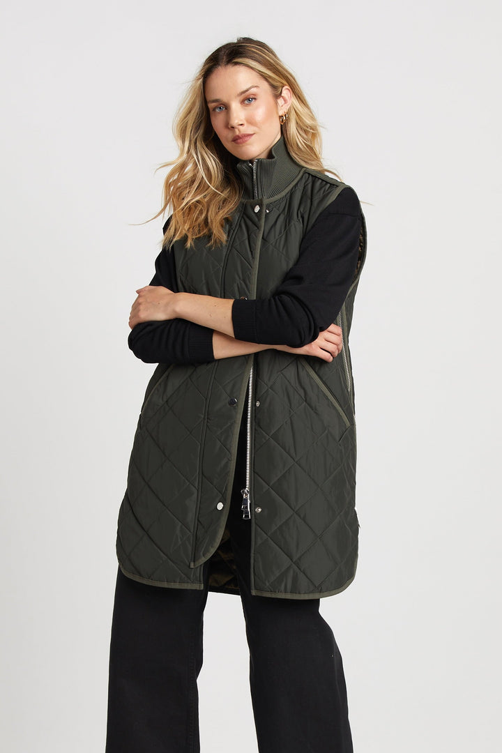 Adroit Atelier Destiny Sleeveless Quilted Vest With Side Zipper Detail in Cilantro available at Barbara Katz