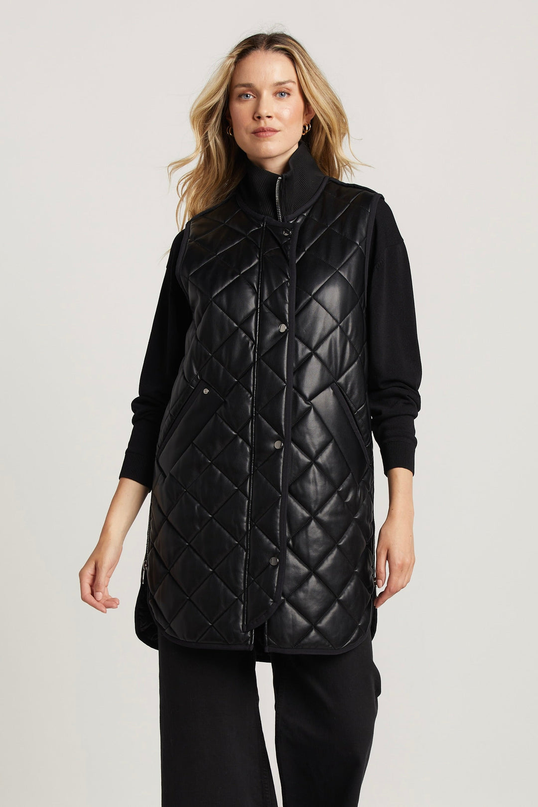 Adroit Atelier Destiny Sleeveless Quilted Vest With Side Zipper Detail in Black available at Barbara Katz