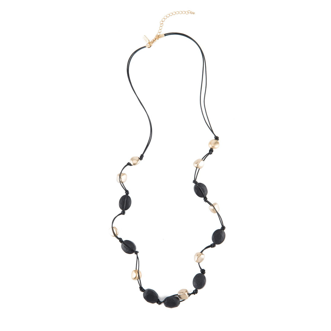 Deborah Grivas Matte Black Crystal And Matte 14Kt Gold Plate Pebble Bead Black Leather Layer Necklace