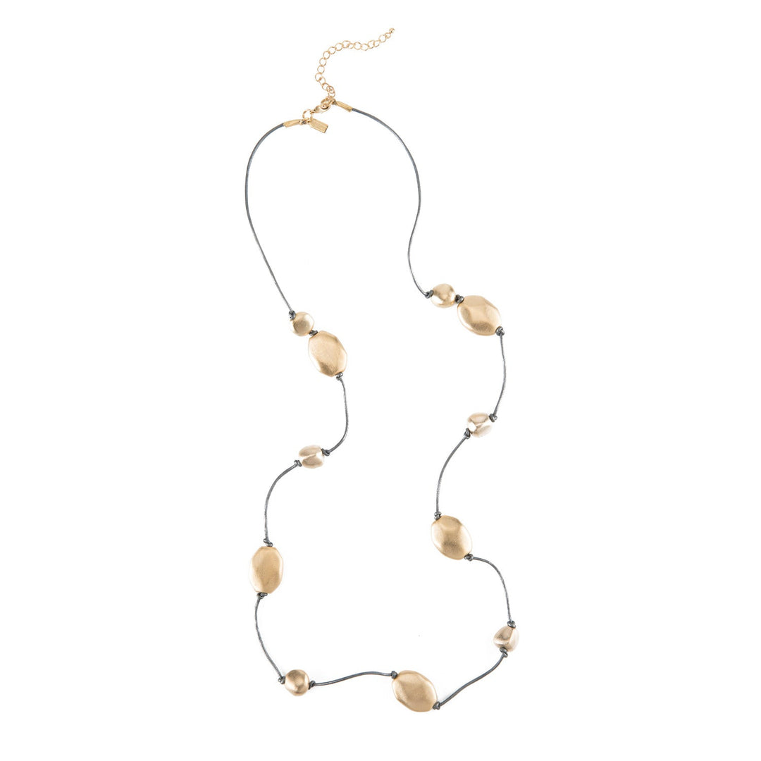 Deborah Grivas Faceted And Pebble 14K Matte Gold Plate Bead Platinum Leather Layer Necklace