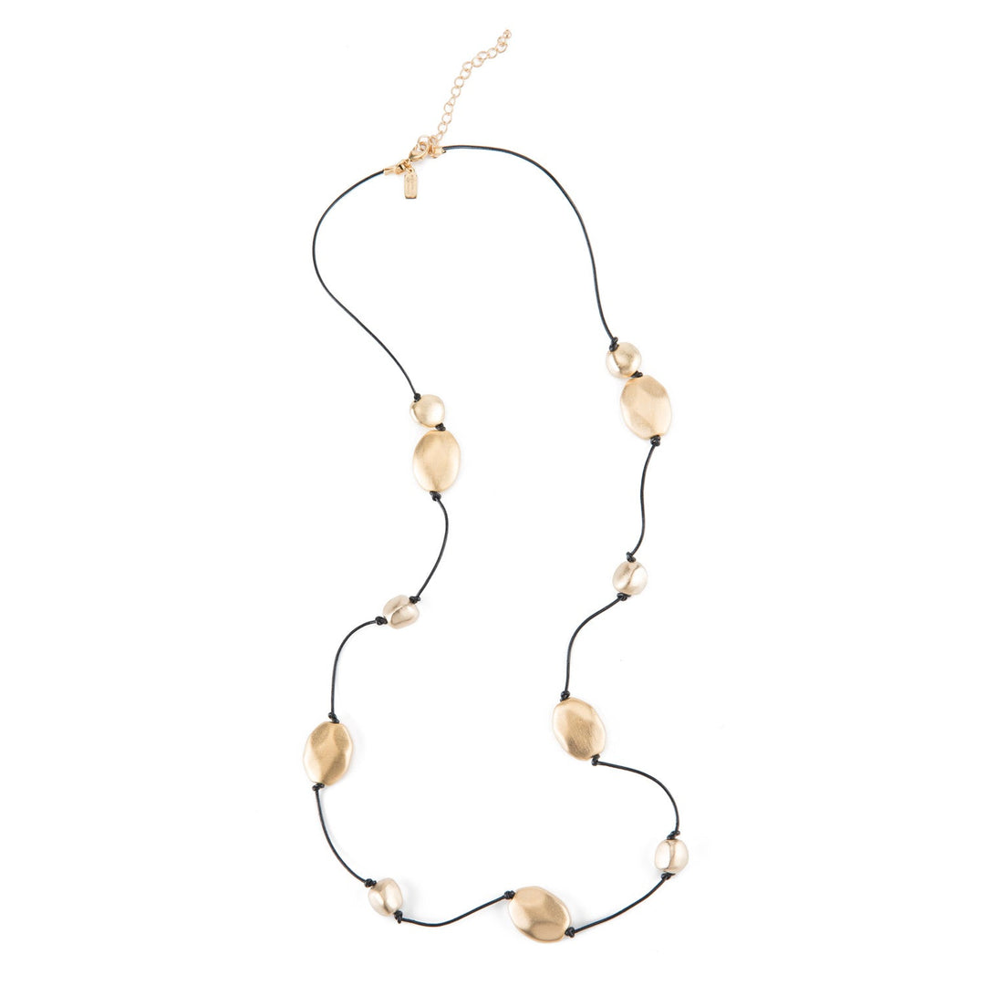 Deborah Grivas Faceted And Pebble 14Kt Matte Gold Plate Bead Black Leather Layer Necklace