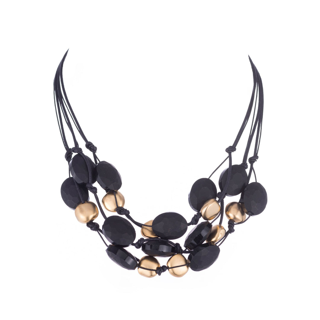 Deborah Grivas Matte Black Crystal And Matte Gold Pebble Bead Black Waxed Linen And Leather Three Strand Torsade Style 16 Necklace.