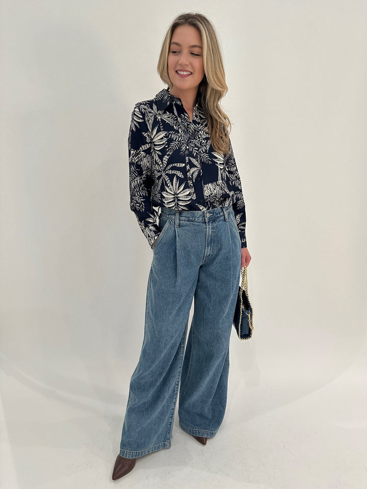 Vilagallo Mafalda Jungle Print Shirt in Navy Blue paired with Agolde Ellis Wide Leg Trousers available at Barbara Katz