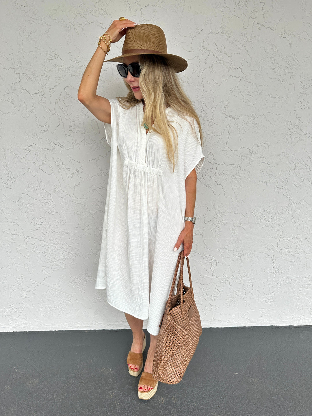 Sundays Coco Caftan Dress in White, midi dress made from 100% cotton featuring a plunging V neckline, short sleeves, elastic waist detail, and high side slits