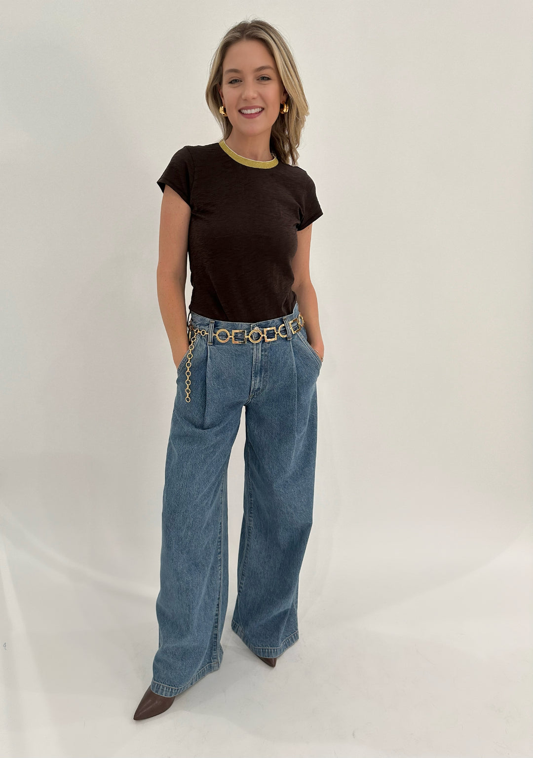 Goldie Metallic Tipped Ringer Tee  in Coffee/Gold paired with Agolde Ellis Wide Leg Trousers available at Barbara Katz