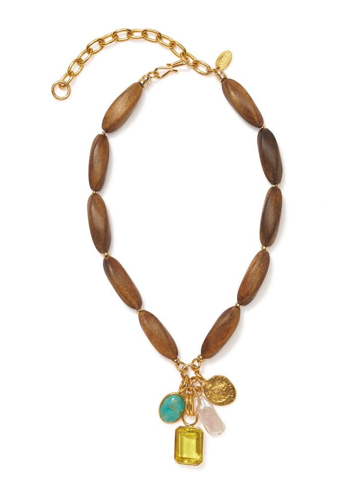 Lizzie Fortunato Marilla Necklace, wood beaded with stones and gold-plated charm