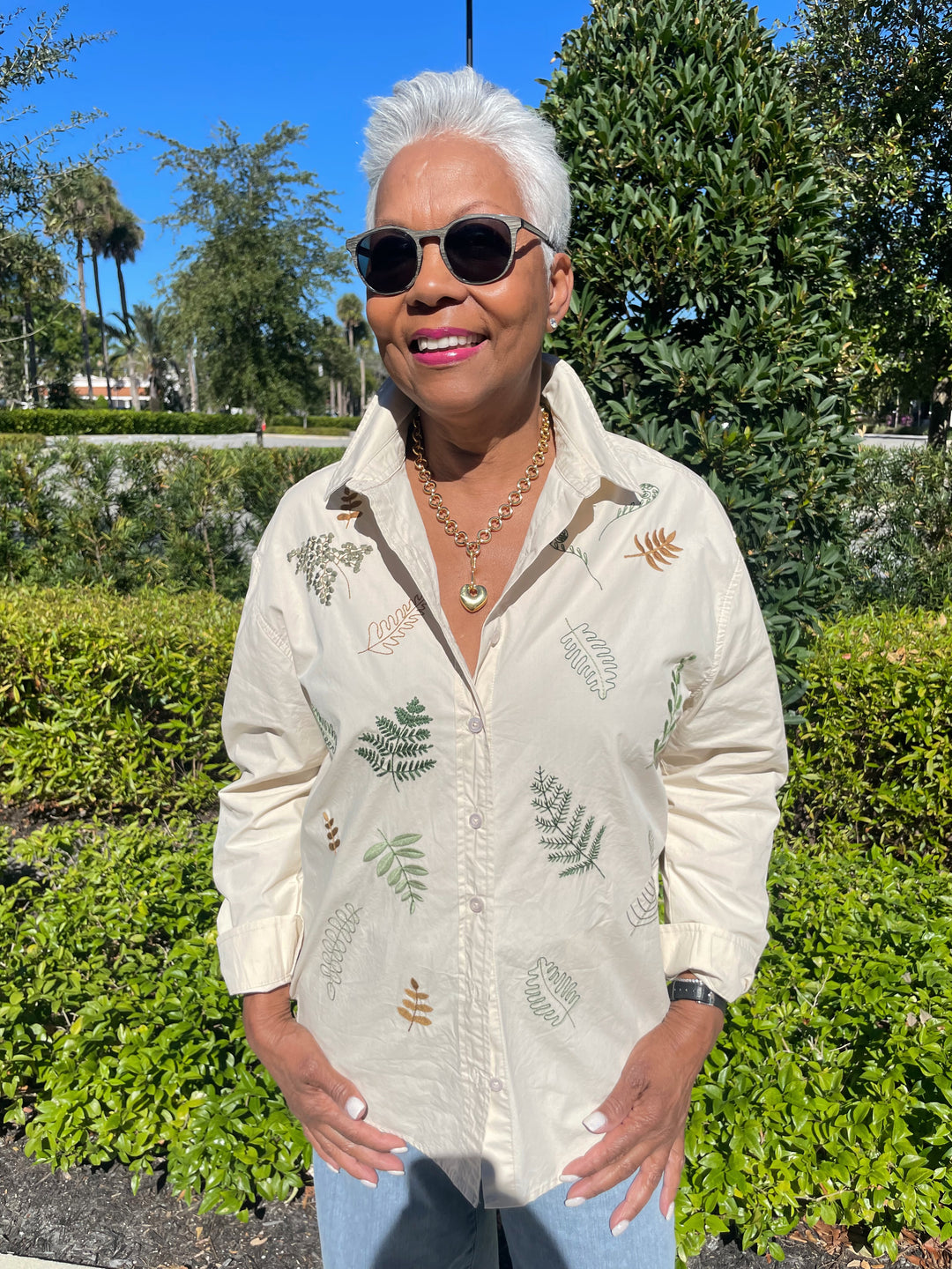 BK Botanic Leaf Shirt with Lizzie Fortunato Mood Necklace and Golden Love Charm available at Barbara Katz