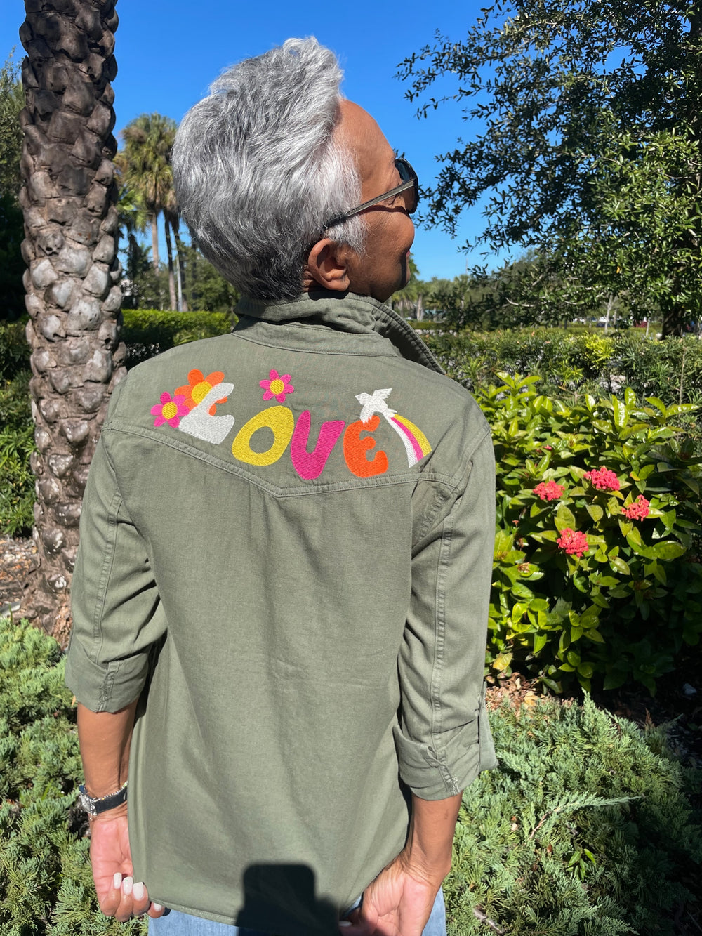 BK Peace & Love Embroidered Shirt in Olive available at Barbara Katz