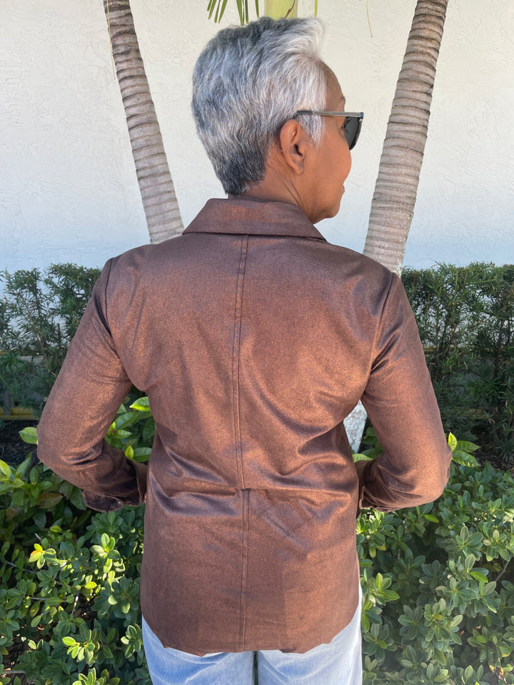 Lysse Connie Patent Foil Vegan Suede Shacket in Metallic Copper available at Barbara Katz