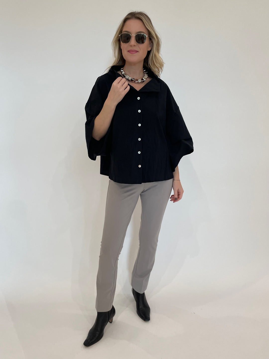 Ozai N Ku Boxy Blouse in Black
paired with Peace of Cloth Annie 29" Paramount Knit Pants in Gravel available at Barbara Katz