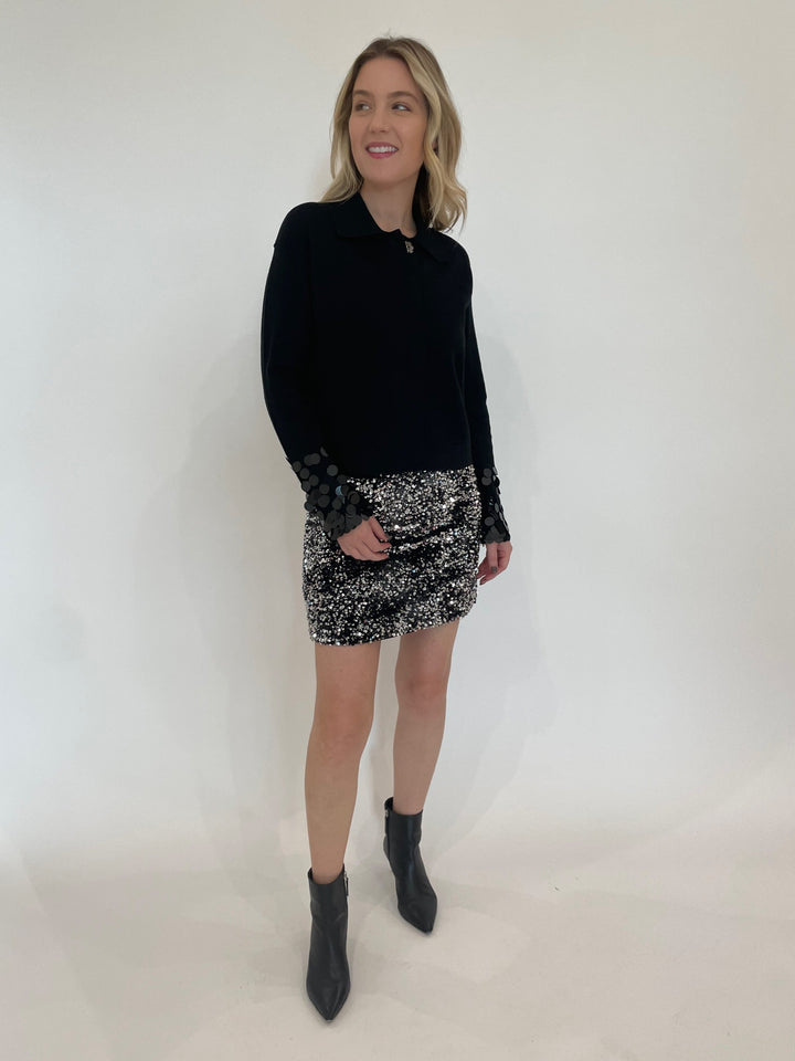 Lisa Todd The Shimmy Sweater in Black  paired with Max Mara Weekend Uvetta Jersey Skirt in Black available at Barbara Katz