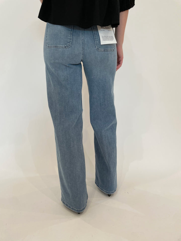 Frame Le Slim Palazzo Bardot Pocket Jeans in Wilson Clean available at Barbara Katz