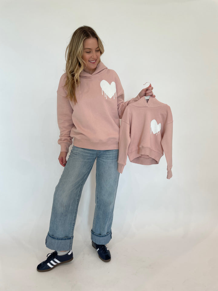 Kerri Rosenthal Boyfriend Drippy Heart Hoodie in Mauve paired with Pistola Ryder Cuffed Jeans available at Barbara Katz, also with Kids Drippy Heart Hoody perfect for mom and daughter twinning