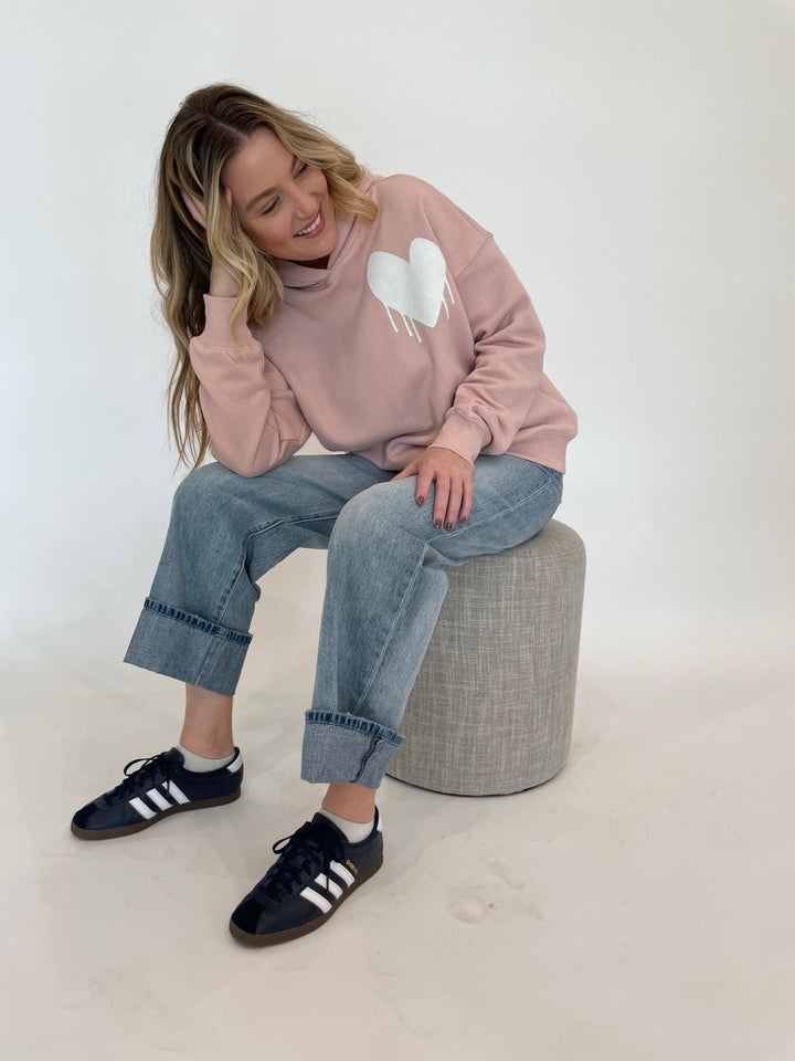 Kerri Rosenthal Unisex Boyfriend Drippy Heart Hoodie in Mauve paired with Pistola Ryder Cuffed Jeans available at Barbara Katz