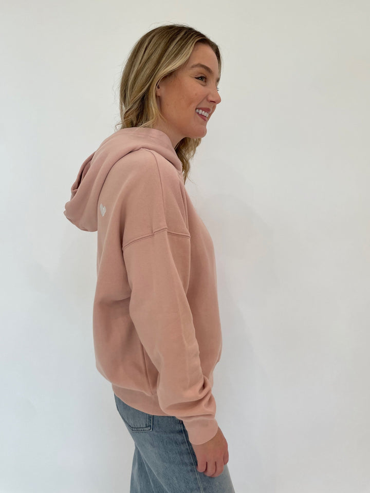 Kerri Rosenthal Boyfriend Drippy Heart Long Sleeve Hoodie in Mauve paired with Pistola Ryder Cuffed Jeans in Essex available at Barbara Katz