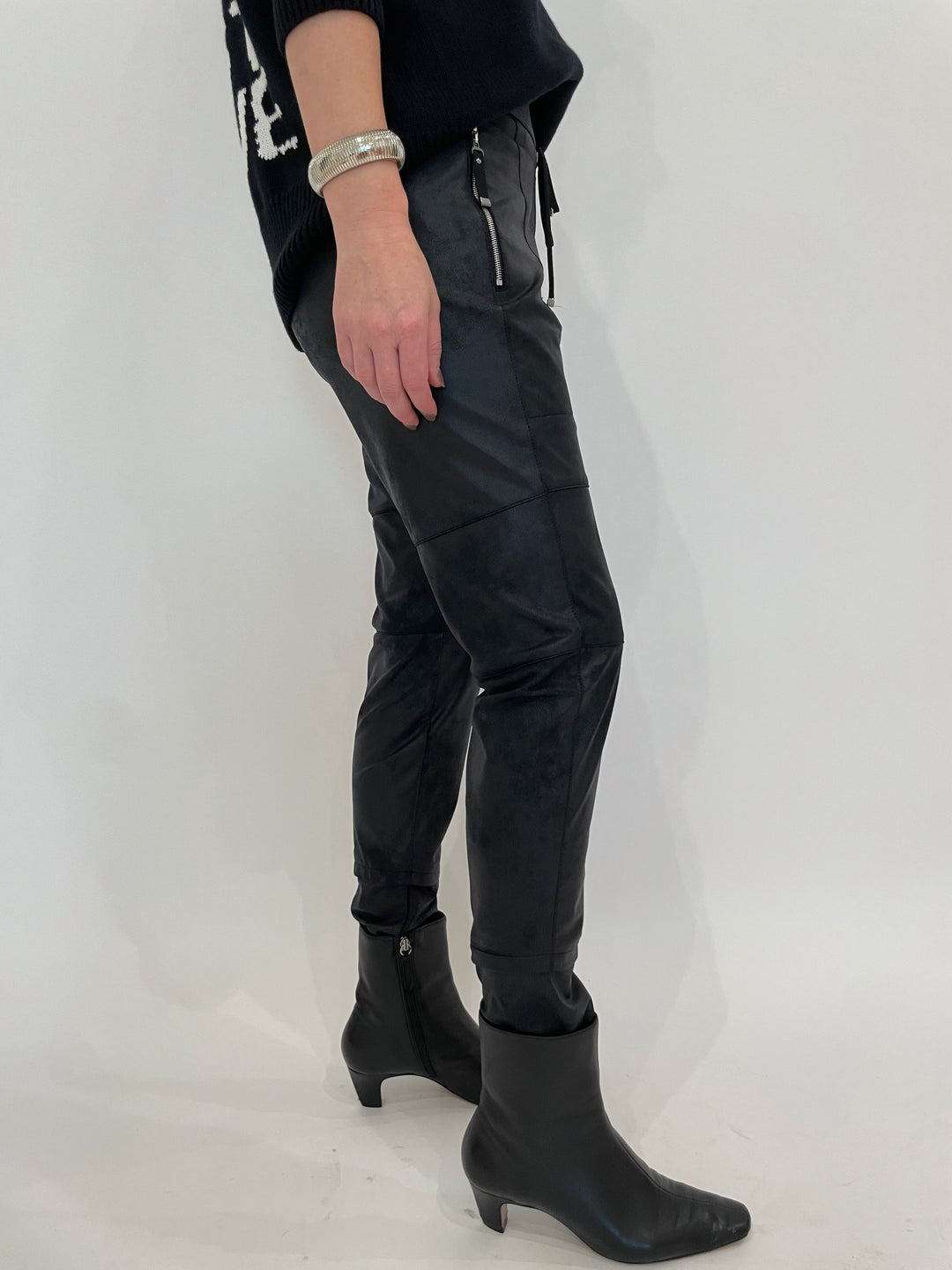 Raffaello Rossi Vegan Leather Candy Pants in Black with Ben Amun Silver Cobra Cuff available at Barbara Katz