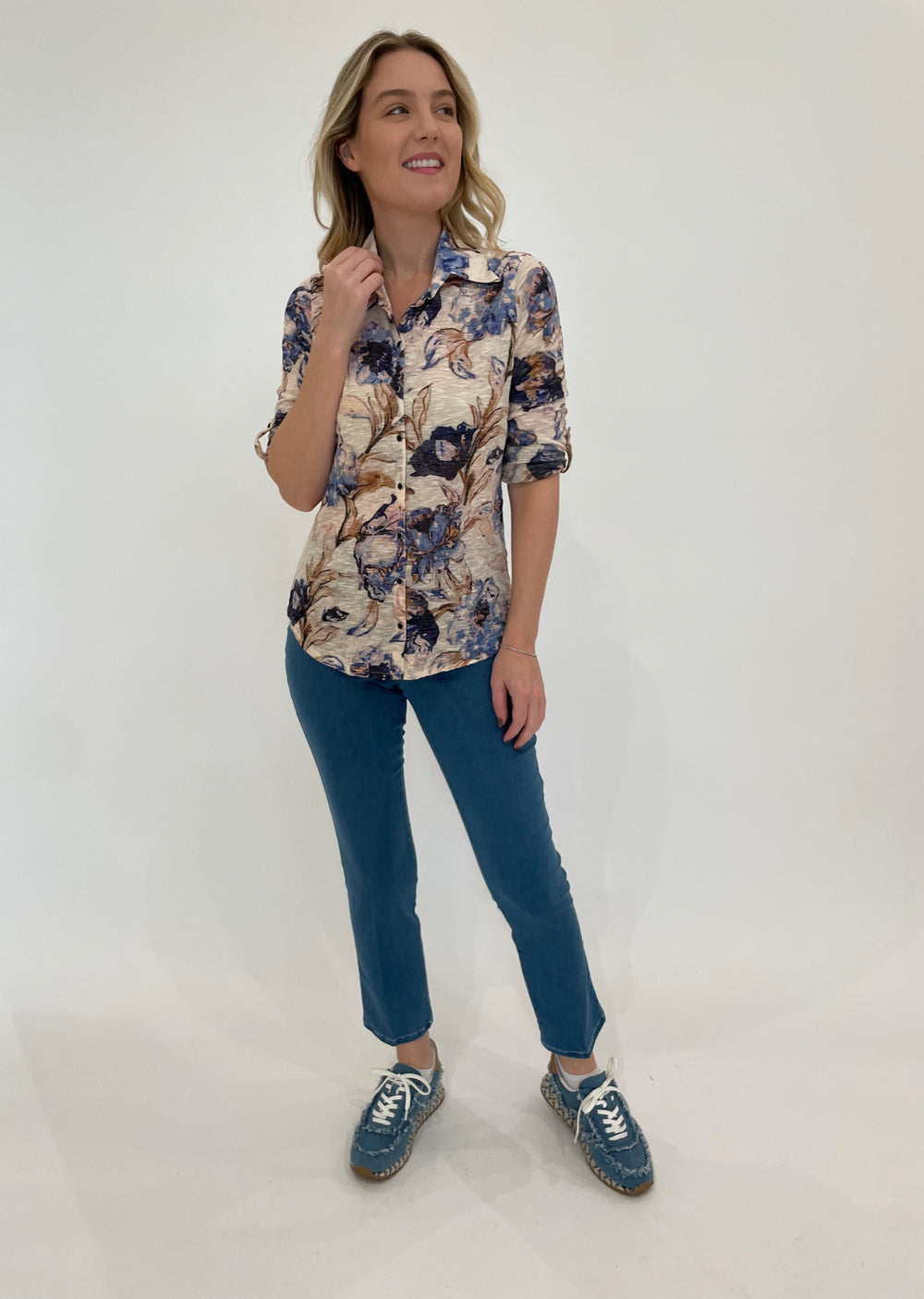 David Cline Roll Shirt in Denim paired with Peace of Cloth Joey Cropped Jeans in Denim available at Barbara Katz