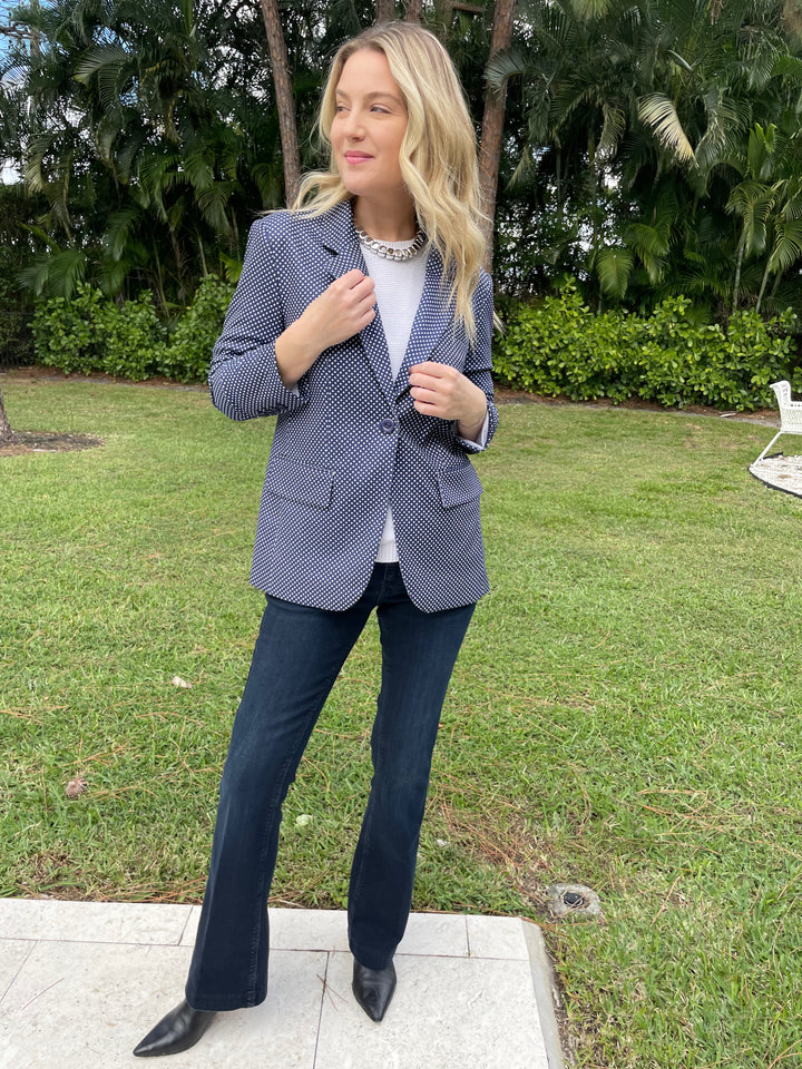 Peace of Cloth Pindot Jaime Blazer in Navy paired with Lysse Ankle Denim Baby Bootcut Pants in Indigo, Vanessa Baroni Mini Organic Shaped Necklace in Silver available at Barbara Katz