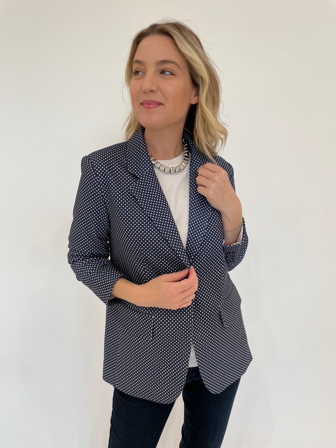 Peace of Cloth Pindot Jaime Blazer in Navy with Vanessa Baroni Mini Organic Shaped Necklace in Silver available at Barbara Katz