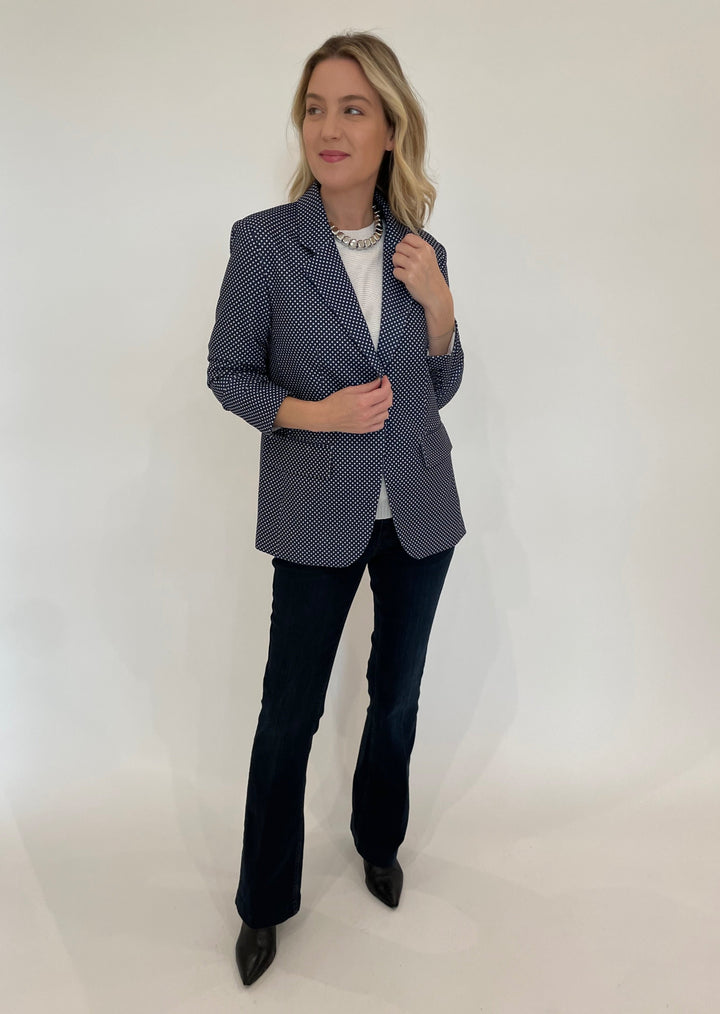 Peace of Cloth Pindot Jaime Blazer in Navy paired with Lysse Ankle Denim Baby Bootcut Pants in Indigo, Vanessa Baroni Mini Organic Shaped Necklace in Silver available at Barbara Katz