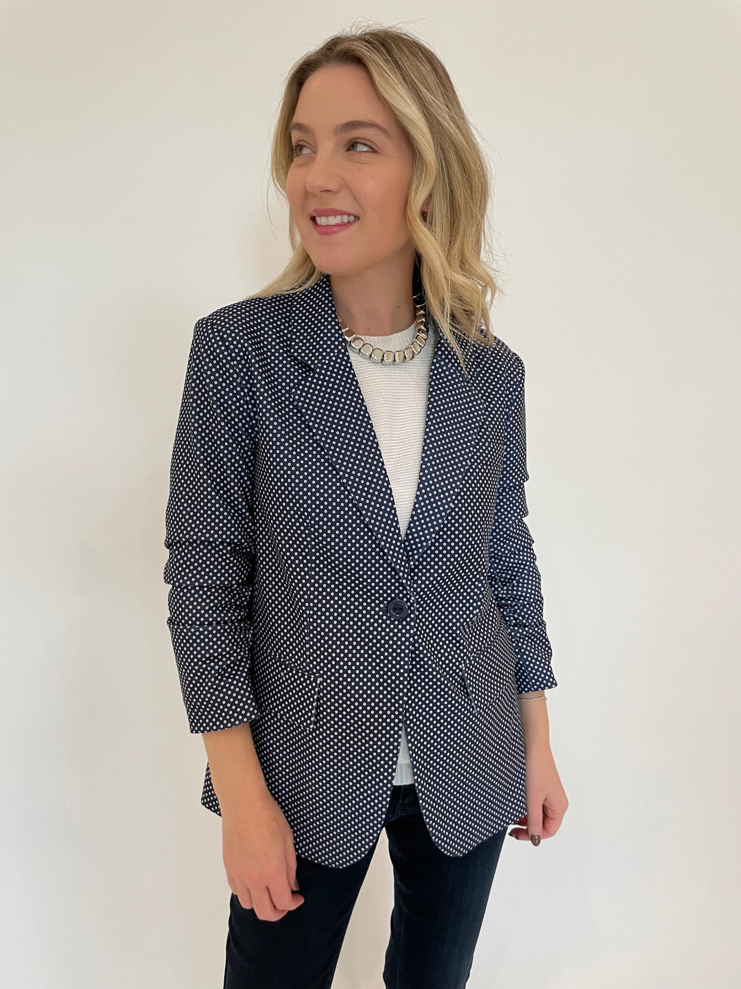 Peace of Cloth Pindot Jaime Blazer in Navy with Vanessa Baroni Mini Organic Shaped Necklace in Silver available at Barbara Katz