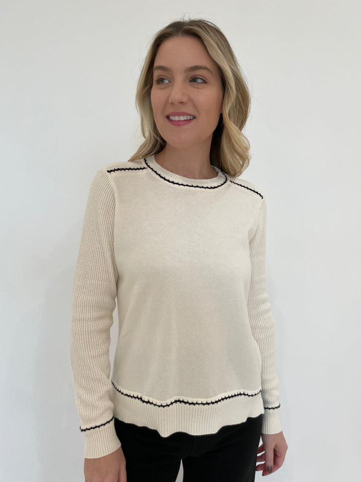 Peace of Cloth Ricrac Detail Crew Neck Sweater in Oyster available at Barbara Katz