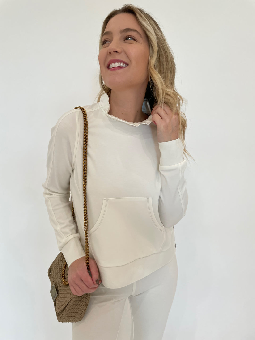 Peace of Cloth Tatum Ruffle Neck Pullover Sweater in Oyster with Noam Hazan Mini Milan Bag in Stone available at Barbara Katz