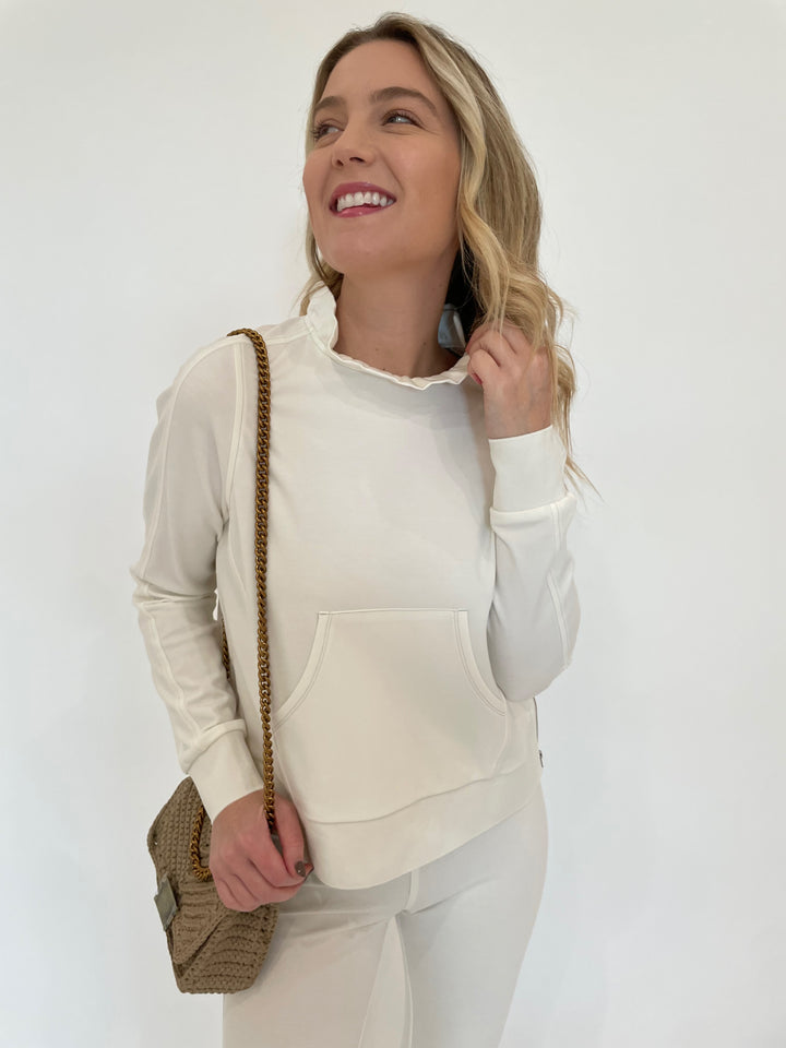 Peace of Cloth Tatum Ruffle Neck Pullover Sweater in Oyster with Noam Hazan Mini Milan Bag in Stone available at Barbara Katz