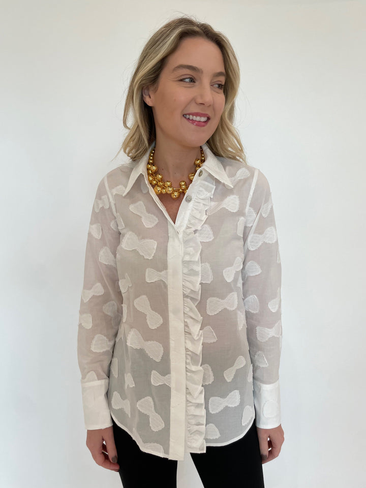 Hope For Flowers Frilled Button Down Shirt in White with Vanessa Baroni Multi Beads Collar Necklace in Gold available at Barbara Katz