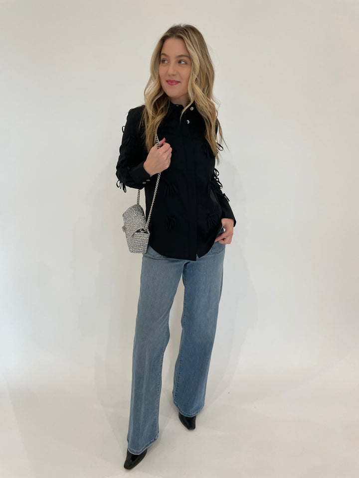 Hope For Flowers Bow Button Down Shirt in Black paired with Frame Le Slim Palazzo Bardot Pocket Jeans in Wilson Clean, Noam Hazan Erin Bag in Silver available at Barbara Katz