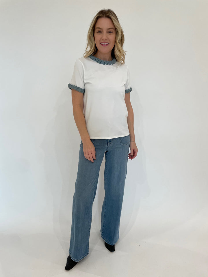 Cinq a Sept Denim Braided T-Shirt in White  paired with Frame Le Slim Palazzo Bardot Pocket Jeans in Wilson Clean available at Barbara Katz