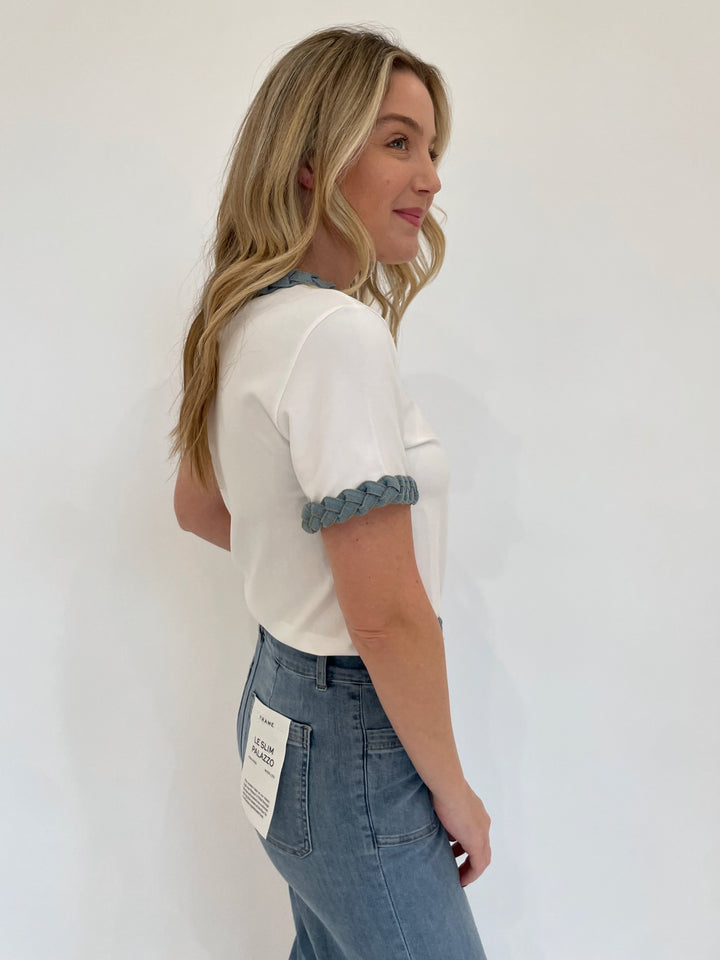 Cinq a Sept Denim Braided Short Sleeve Tee in White  paired with Frame Le Slim Palazzo Bardot Pocket Jeans in Wilson Clean available at Barbara Katz