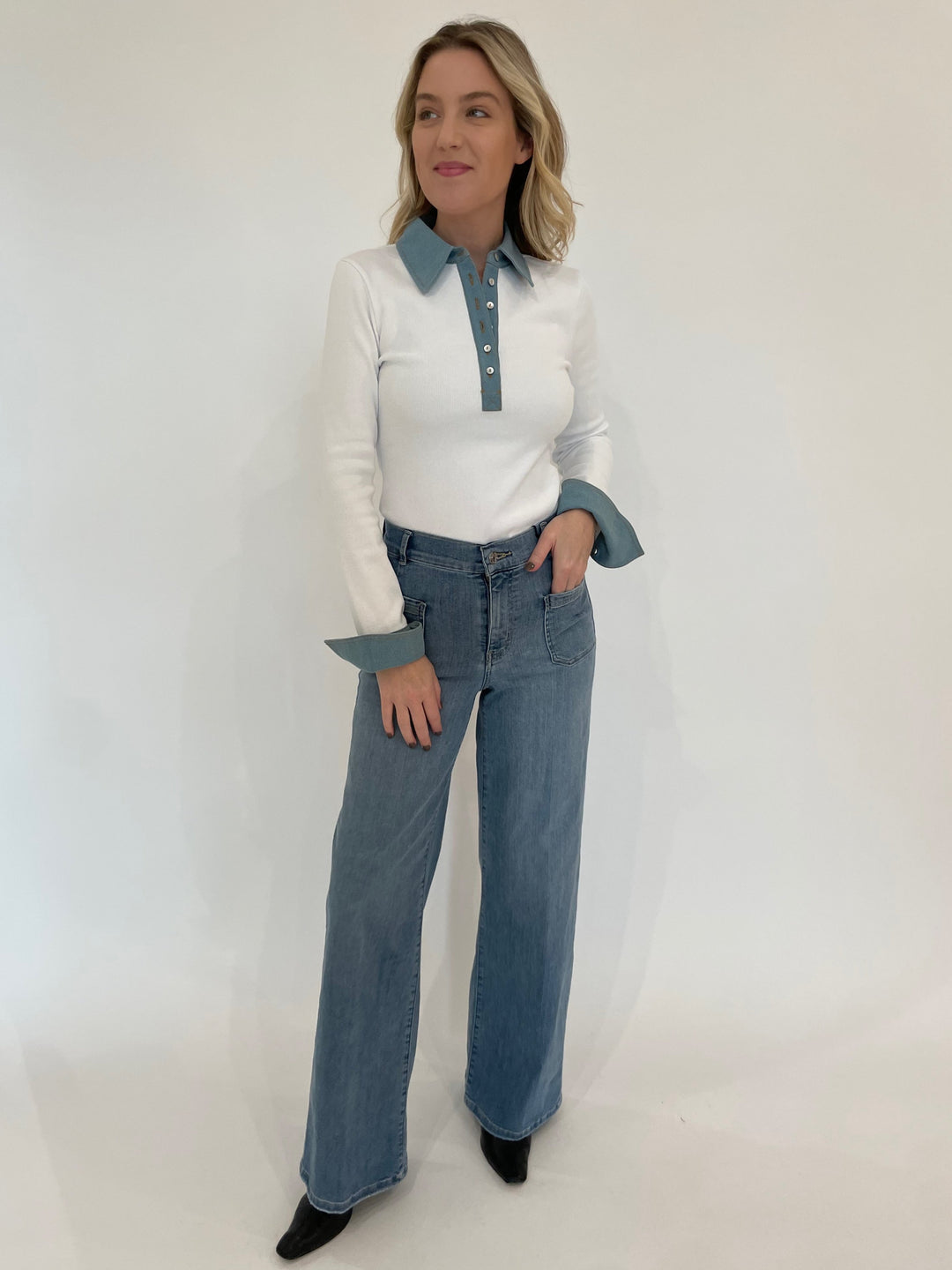 Cinq a Sept Denim Jaden Top in White paired with Frame Le Slim Palazzo Bardot Pocket Jeans in Wilson Clean available at Barbara Katz