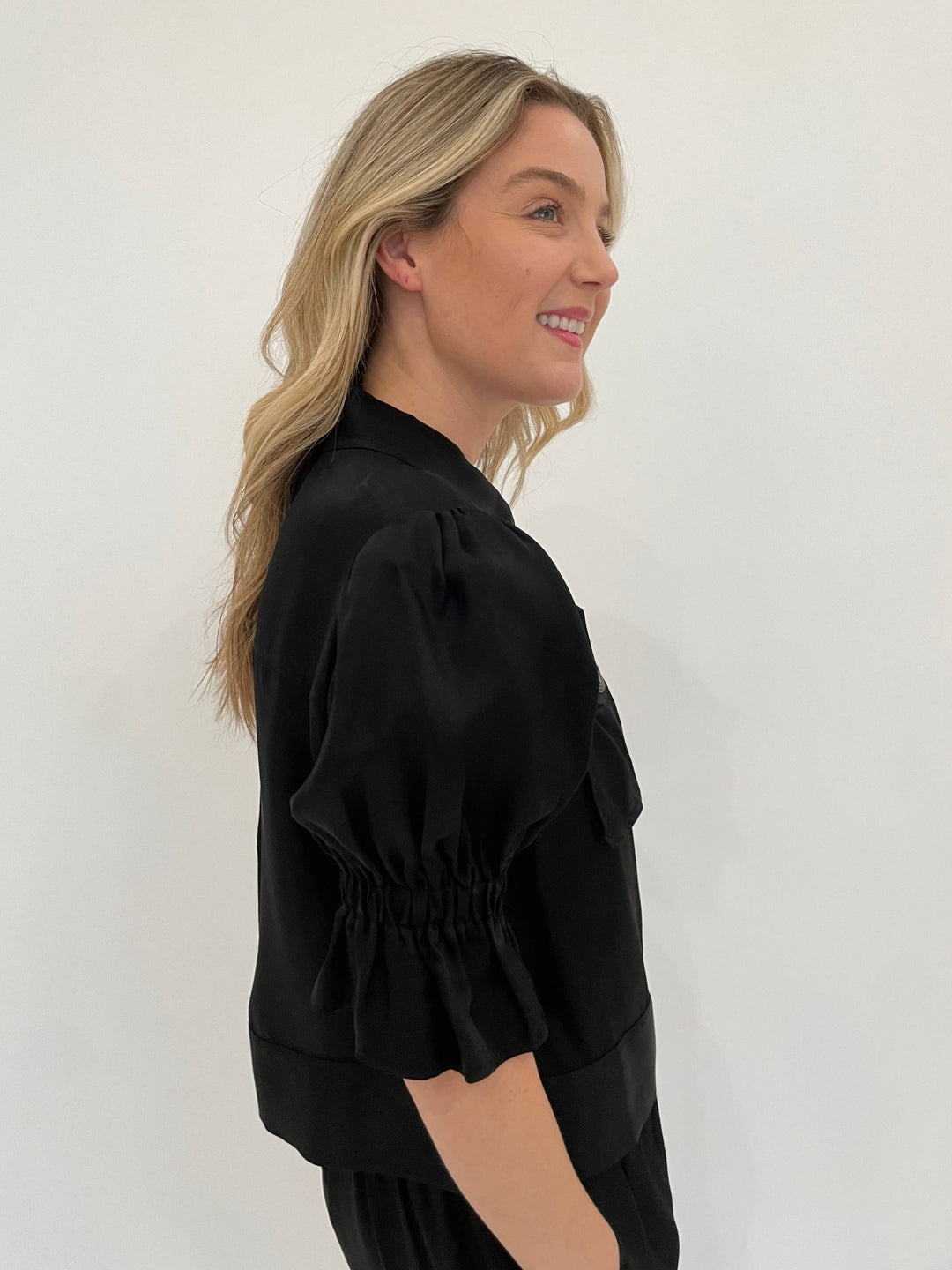 Cinq a Sept Holly Short Puff Sleeve Jacket in Black available at Barbara Katz