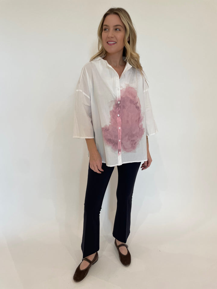 Ozai N Ku Clea Pink Splatter Blouse in White paired with Peace of Cloth Ella Paramount Knit Pull-On Pants in Navy available at Barbara Katz