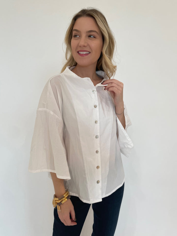 Ozai N Ku Daphne Boxy Blouse in White with Vanessa Baroni Flex Bracelets in Gold/Marble available at Barbara Katz