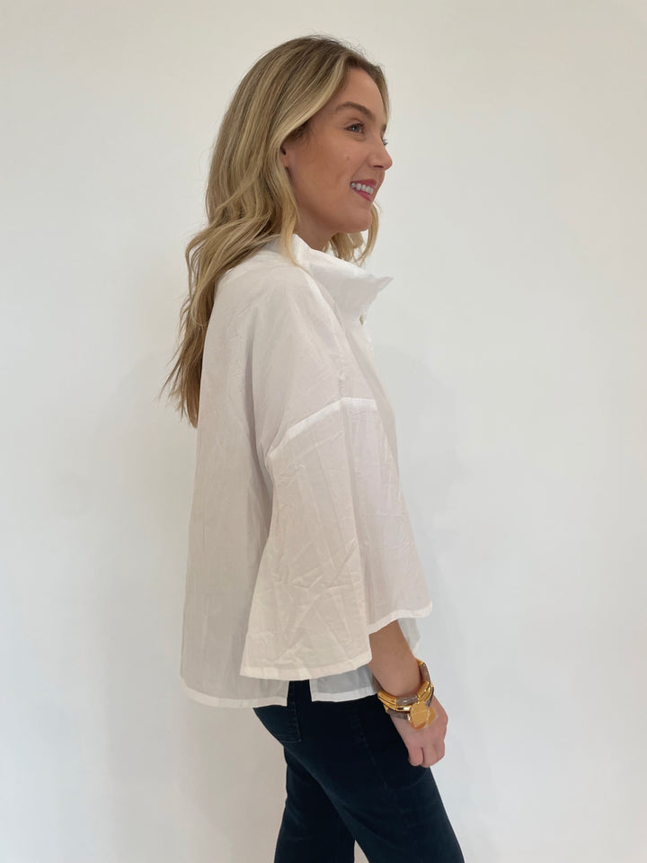 Ozai N Ku Daphne Boxy Blouse in White with Vanessa Baroni Flex Bracelets in Gold/Marble available at Barbara Katz