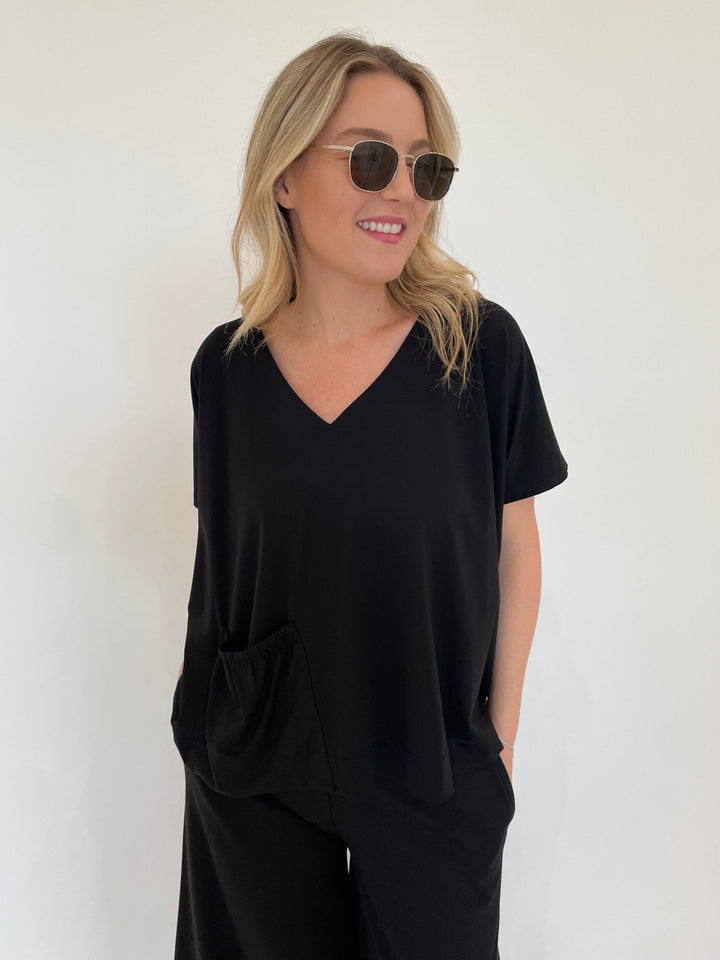 Ozai N Ku Ava V-Neck Pocket Top in Black available at Barbara Katz