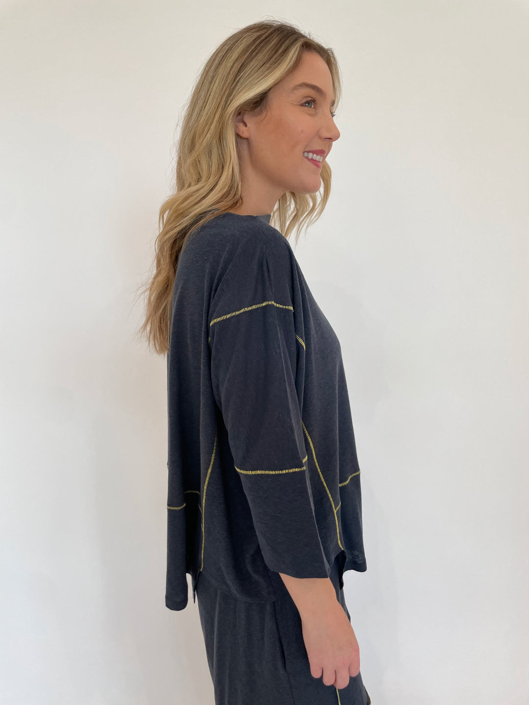 Ozai N Ku Lira 3/4 Sleeve Contrast Stitch Top in Blue/Yellow available at Barbara Katz