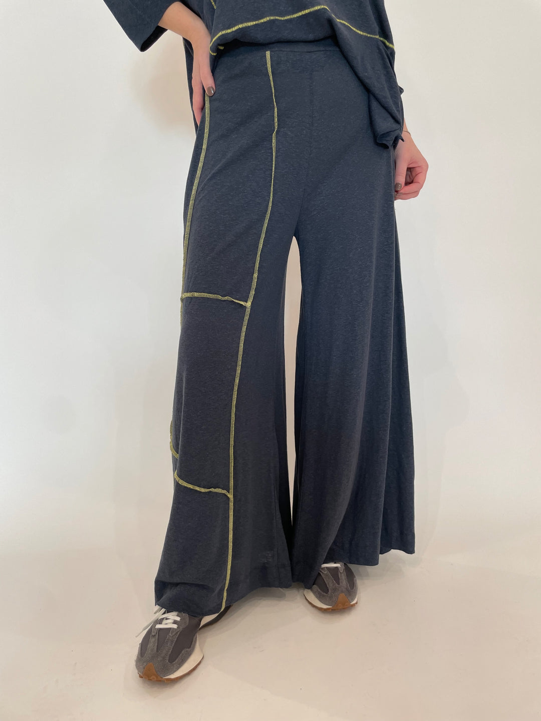 Ozai N Ku Kira Wide Leg Contrast Stitch Pants in Blue/Yellow available at Barbara Katz