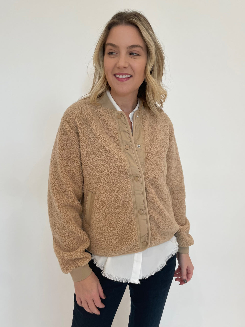 BK Shane Sherpa Bomber Jacket in Autumn Sand with BK Riley Roll Sleeve Frayed Shirt underneath available at Barbara Katz