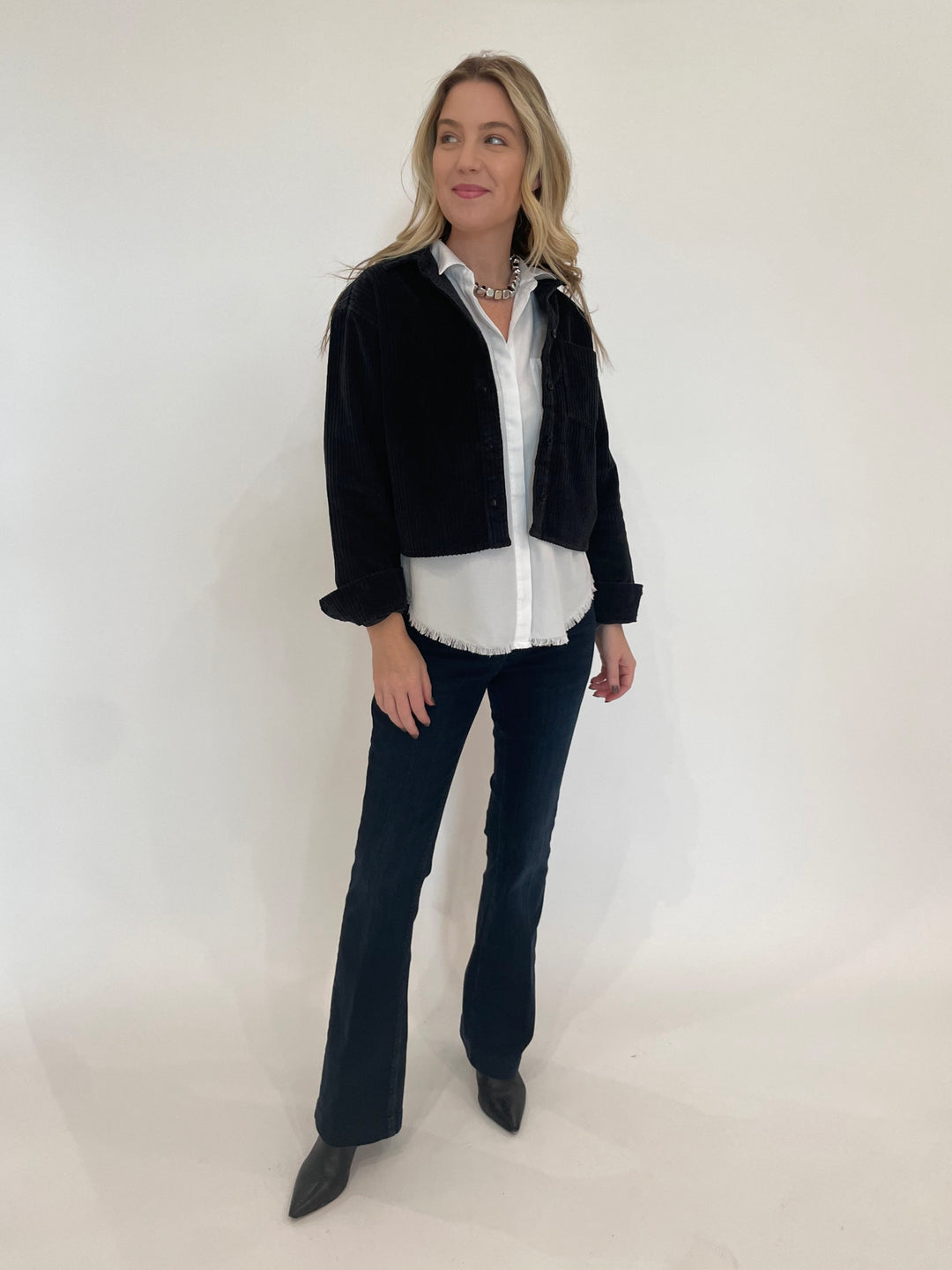 BK Cordelia Corduroy Crop Jacket in Iron with BK Riley Roll Sleeve Frayed Shirt underneath, paired with MAC Denim Dream Boot Jeans in Midnight Blue Wash, Vanessa Baroni Mini Organic Shaped Necklace in Silver available at Barbara Katz