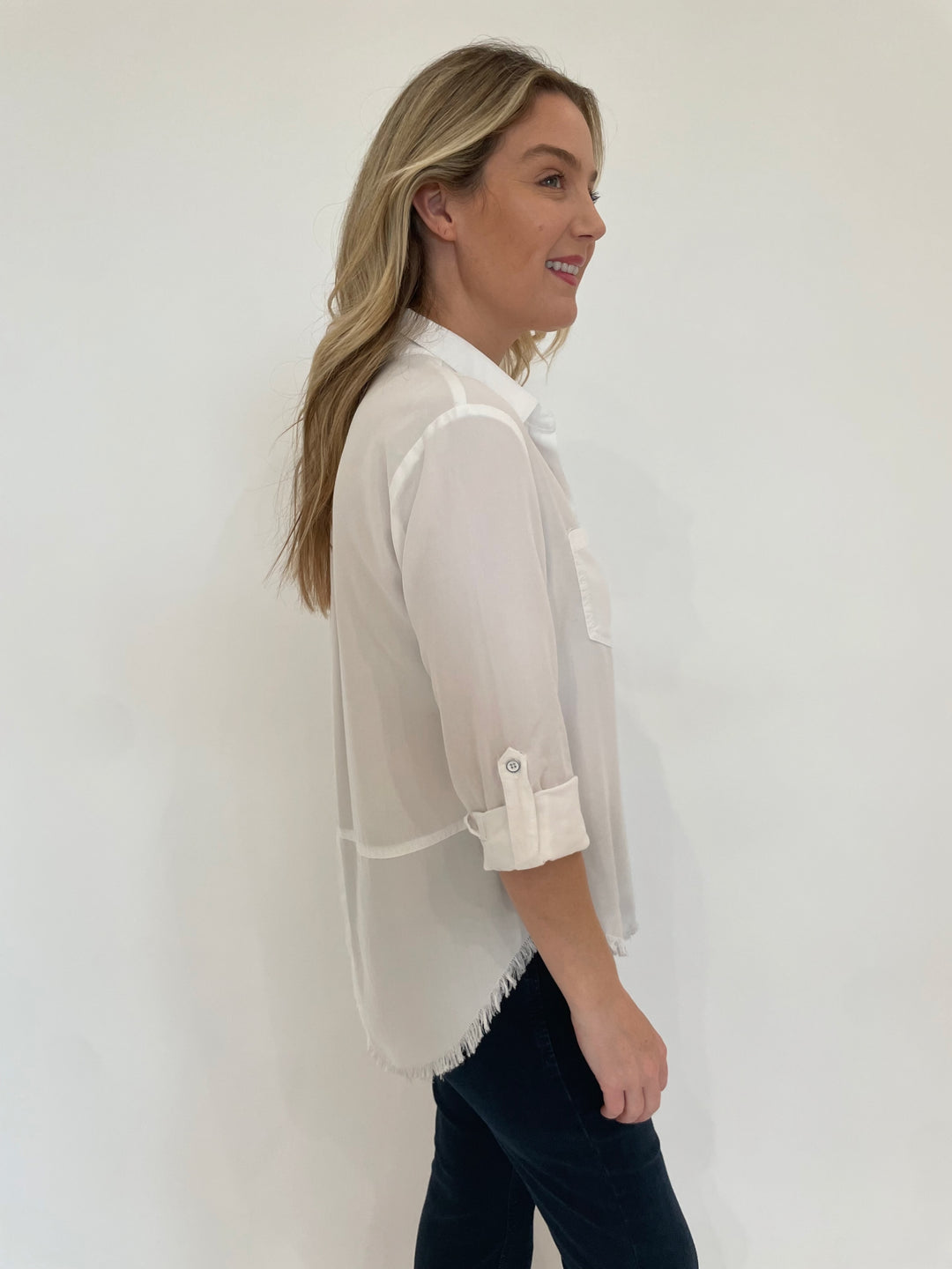 BK Riley Roll Sleeve Frayed Shirt in Optic White available at Barbara Katz