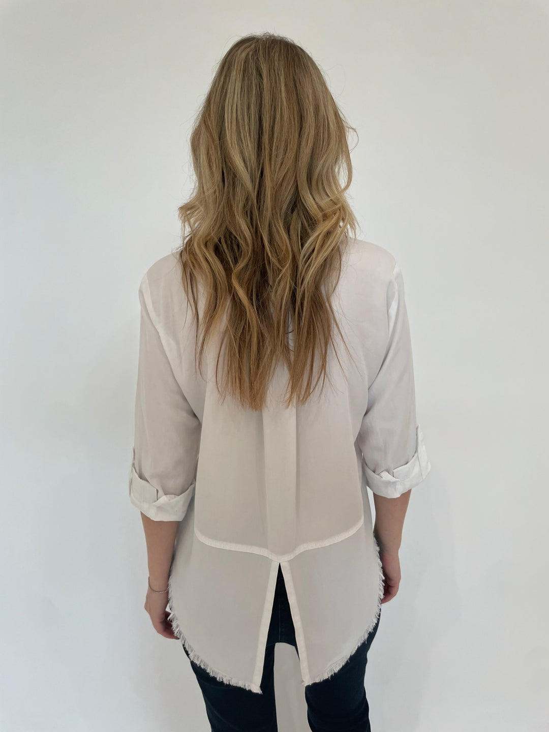 BK Riley Roll Sleeve Frayed Shirt in Optic White available at Barbara Katz