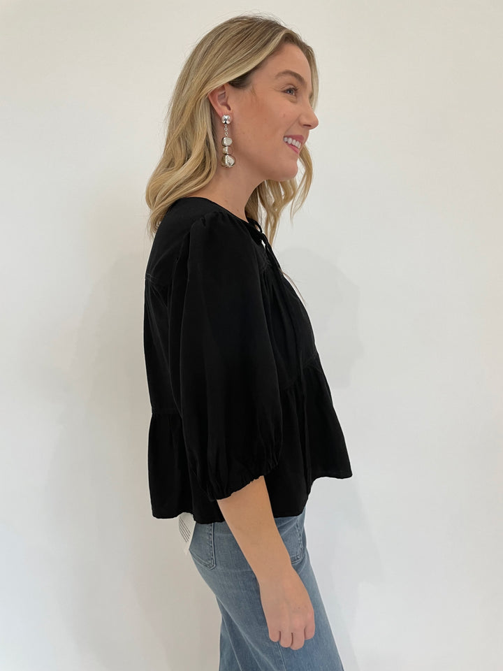 BK Ferlita Elbow Sleeve Blouse in Black with Vanessa Baroni Organic Shaped Earrings in Silver available at Barbara Katz