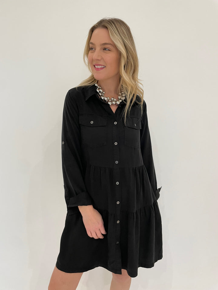 BK Bree Tiered Shirt Dress in Black with Vanessa Baroni Multi Beads Collar Necklace in Silver available at Barbara Katz