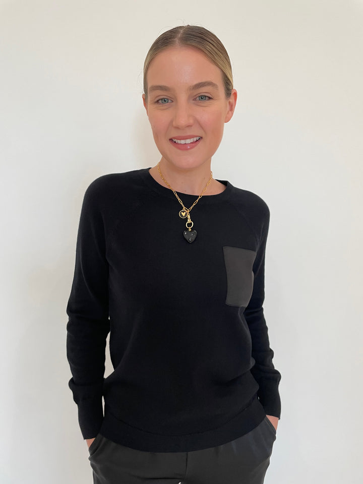 J Society Jette Satin Pocket Sweatshirt in Black with Elizabeth Cole Jewelry Morrigan Necklace in Black available at Barbara Katz