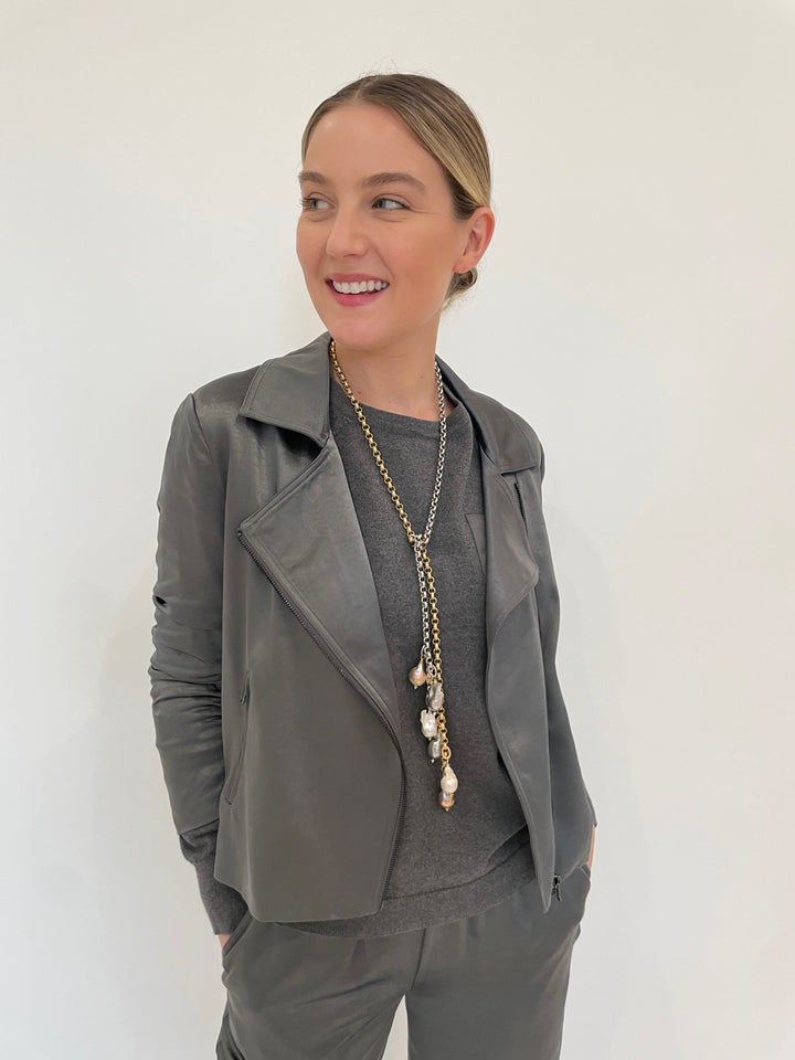 J Society Satin Pocket Sweatshirt and Ruched Sleeve Moto Jacket in Gunmetal with Suzy T Designs Pearl Lariat Necklace in Gold/Silver available at Barbara Katz