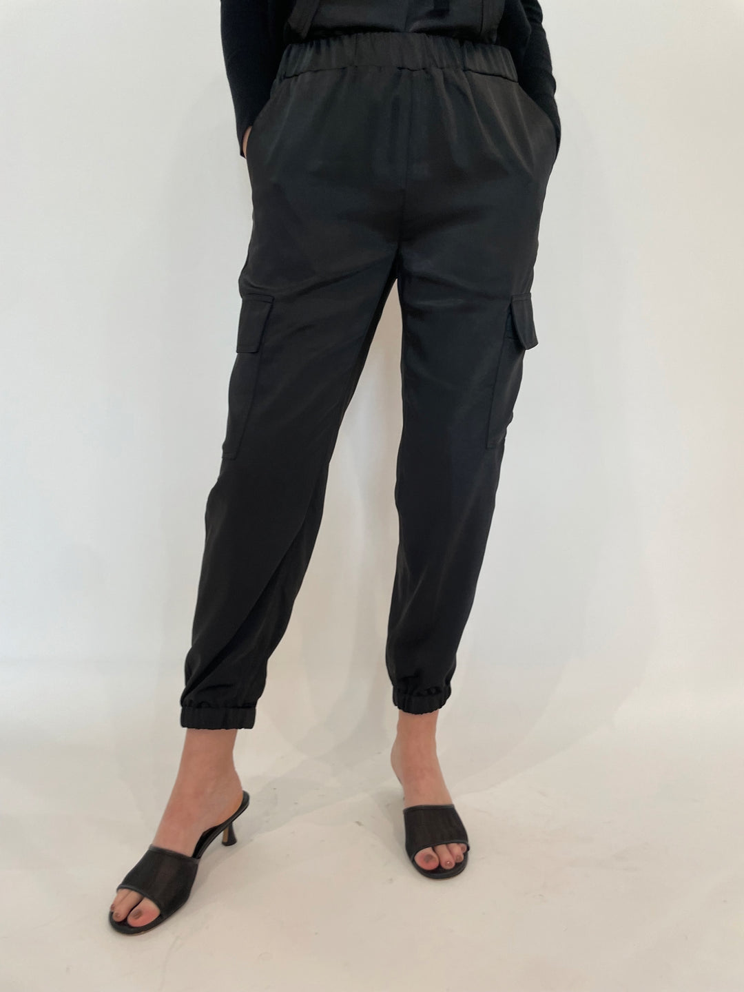 J Society Juno Satin Cargo Pants in Black available at Barbara Katz