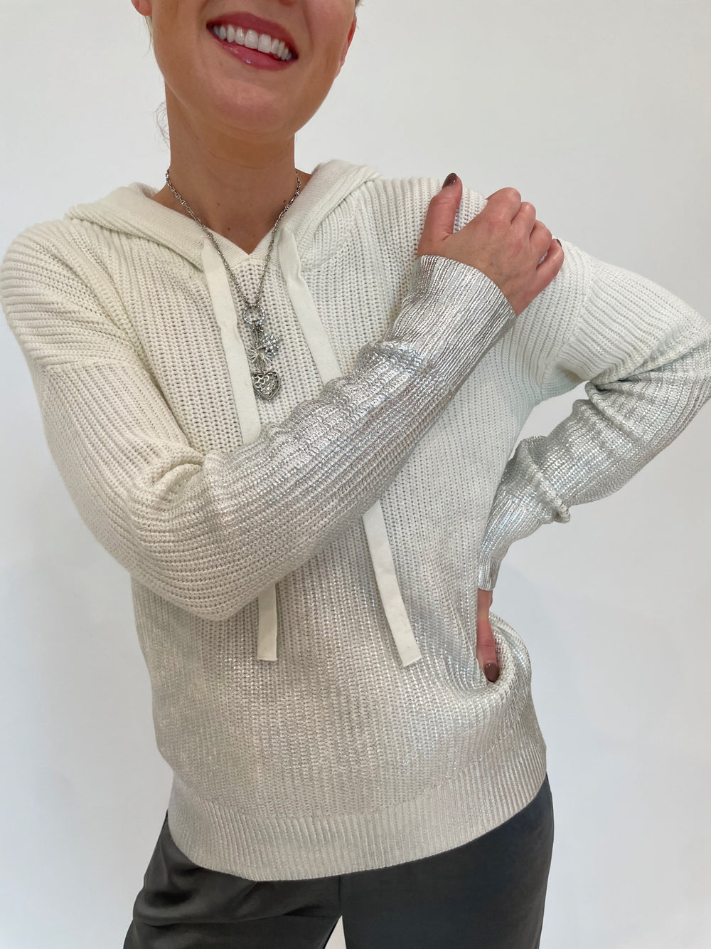 J Society Ombre Metallic Shaker Hoodie in Vanilla with Elizabeth Cole Jewelry Cerelia Necklace in Silver available at Barbara Katz